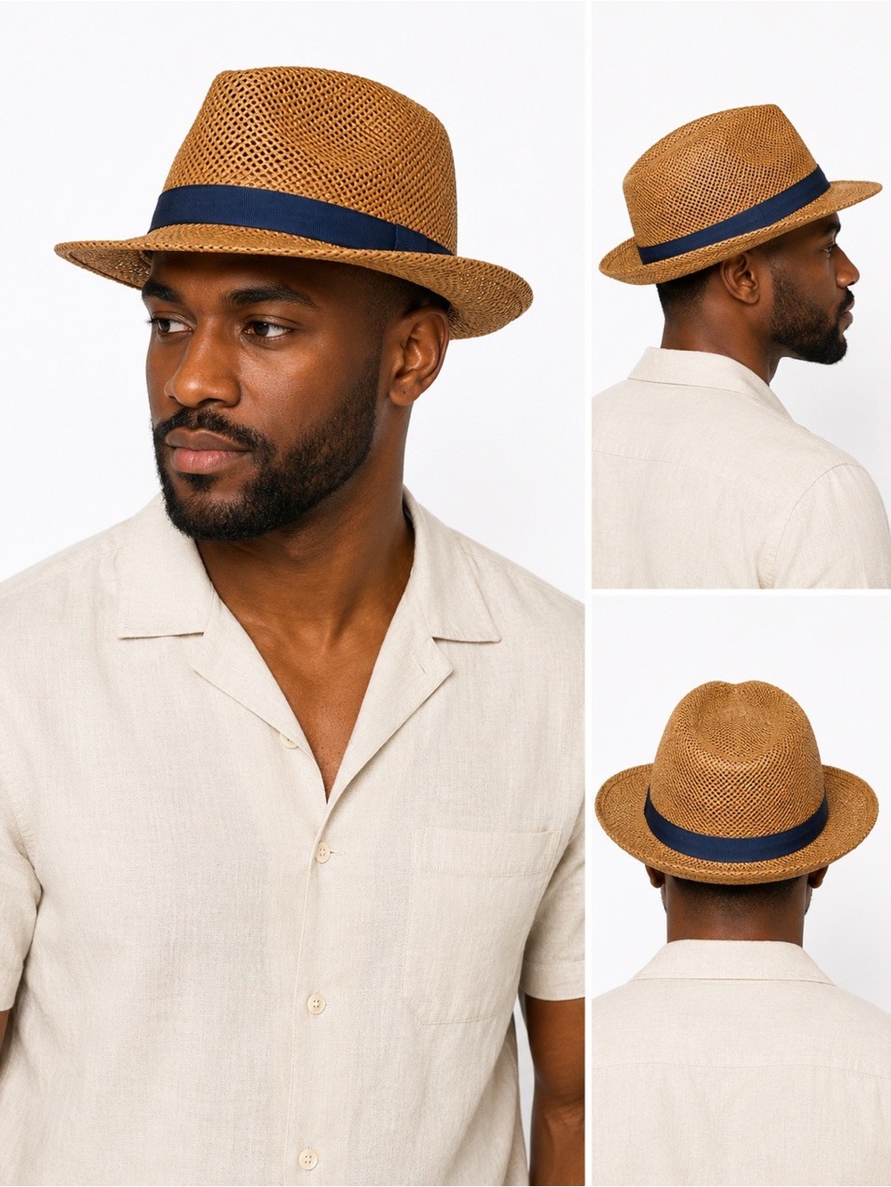 Men's Straw Fedora Hat with Navy Band - Tan